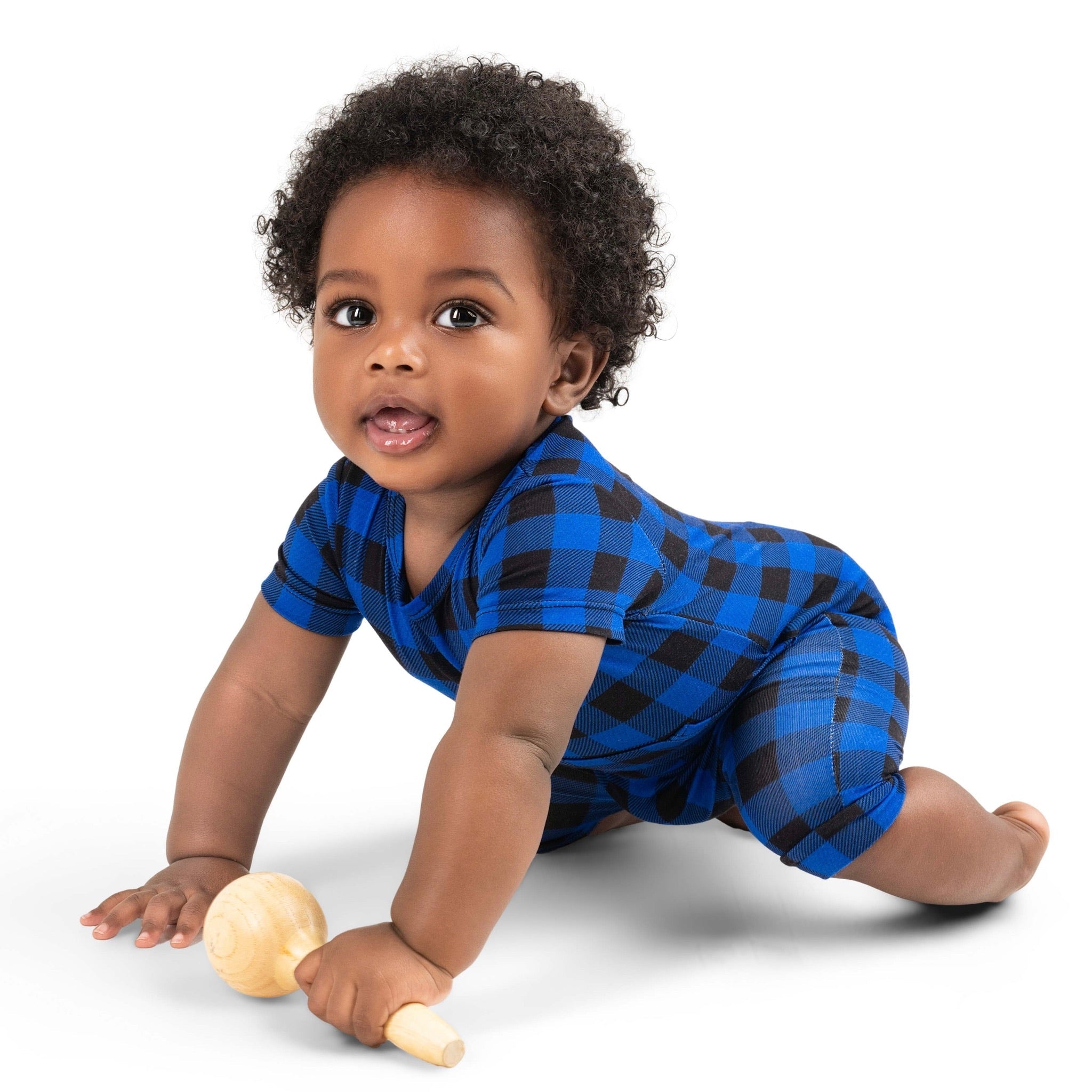 Front Opening Ready Set Romper® Shortie in Blue Buffalo Plaid