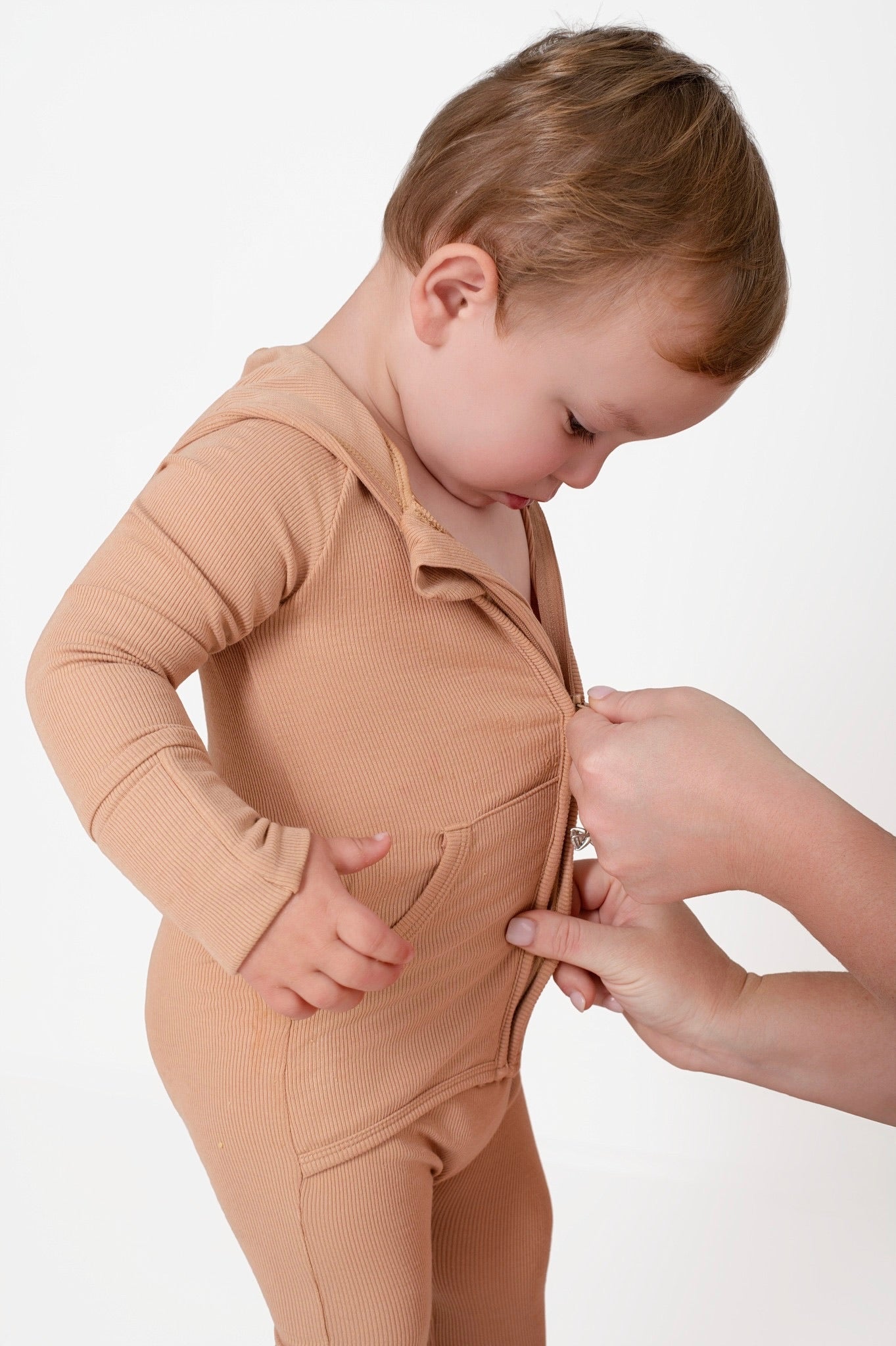 Front Opening Ready Set Romper® ZIP-IT in Ribbed Caramel