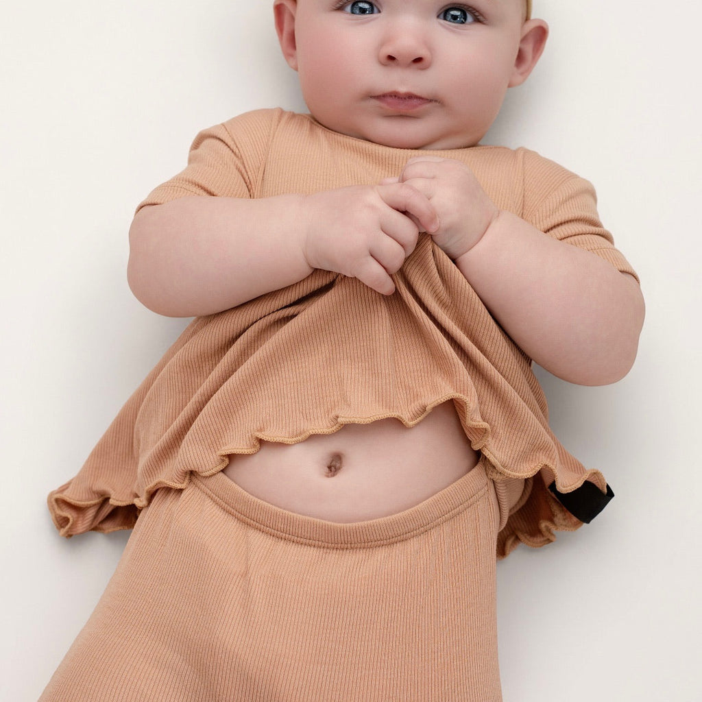 Reversible Opening Ready Set Romper® Twirl in Ribbed Caramel