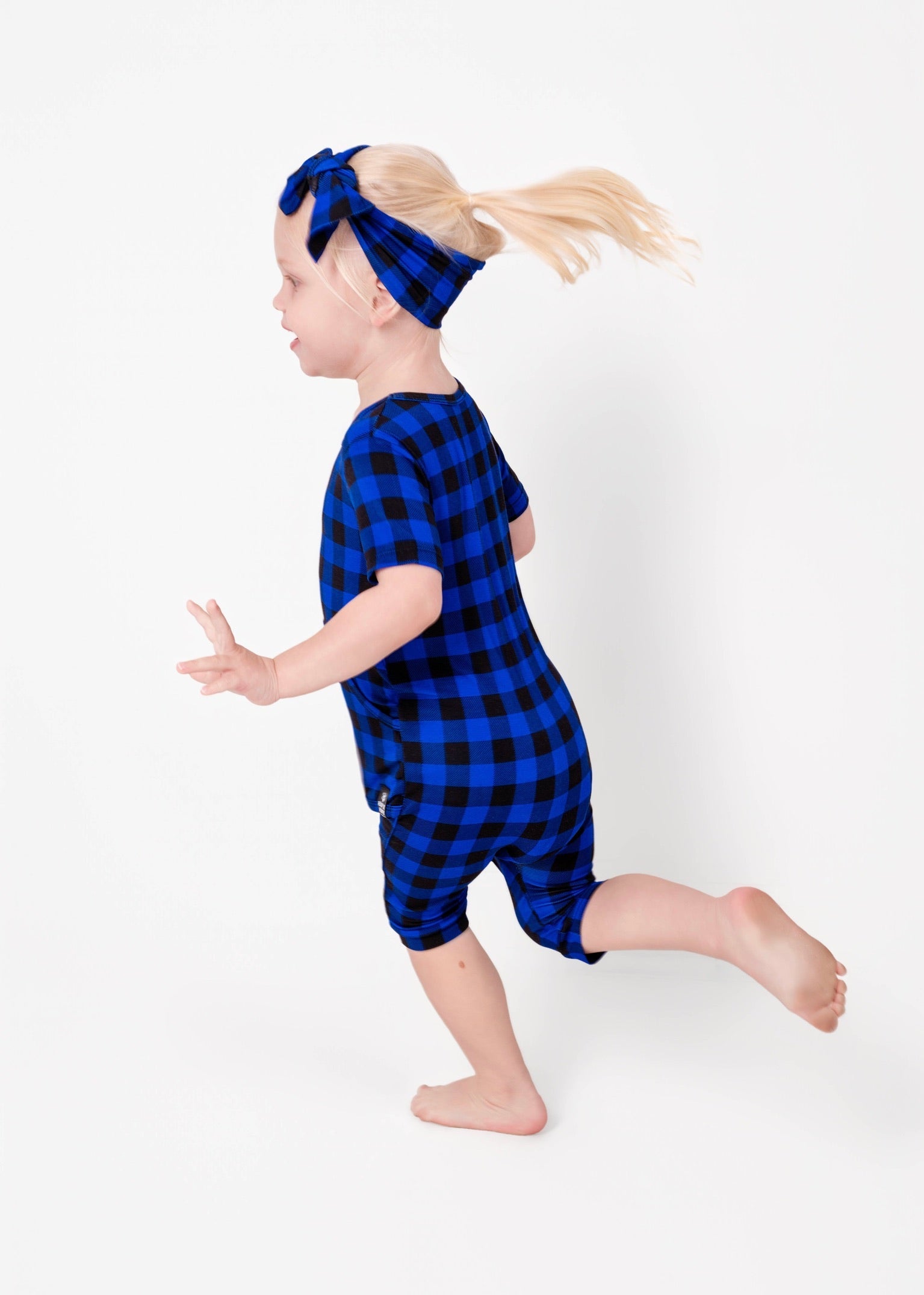 Front Opening Ready Set Romper® Shortie in Blue Buffalo Plaid