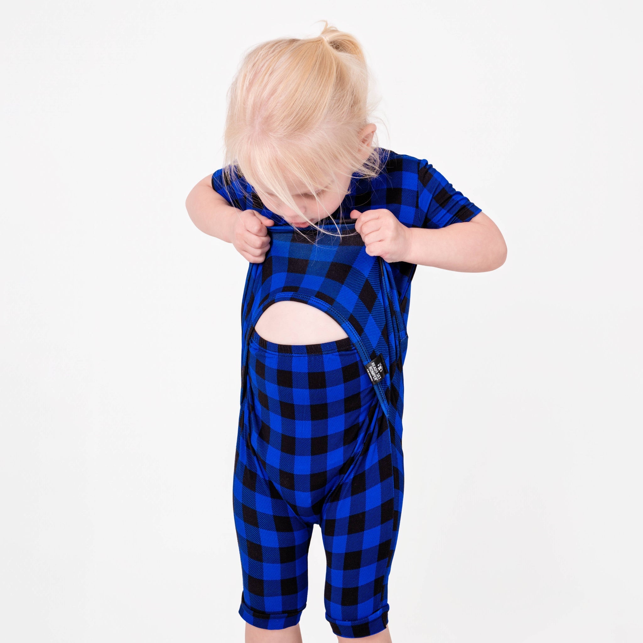 Front Opening Ready Set Romper® Shortie in Blue Buffalo Plaid