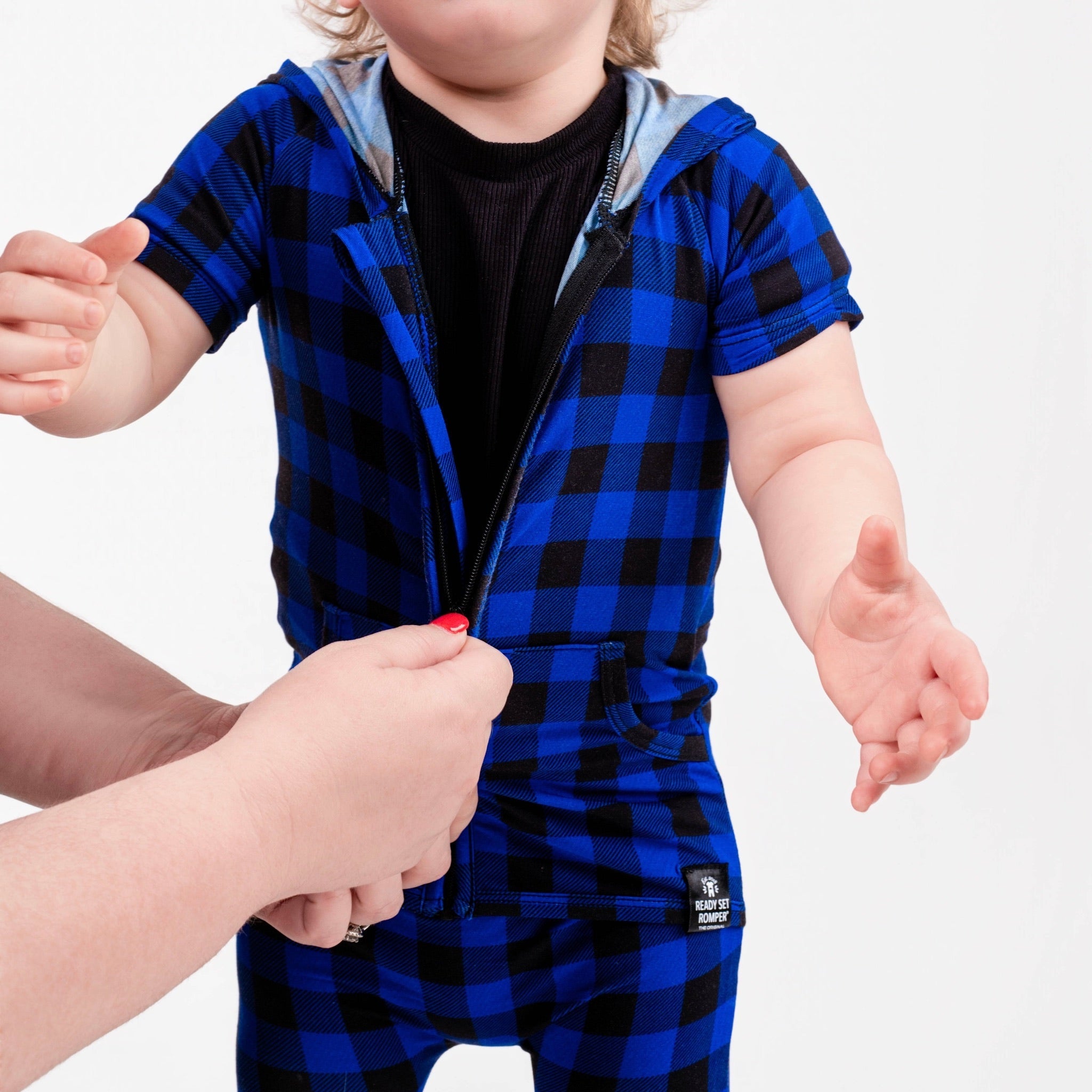 Front Opening Ready Set Romper® ZIP-IT! in Blue Buffalo Plaid