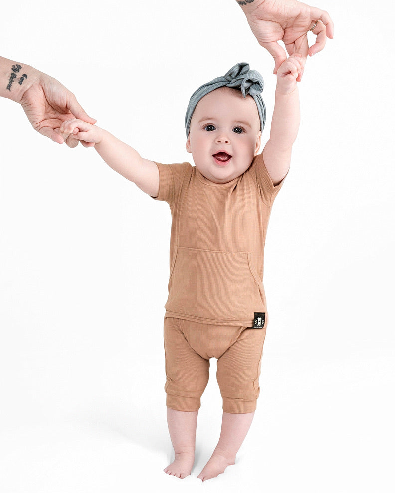 Front Opening Ready Set Romper® Shortie in Ribbed Caramel